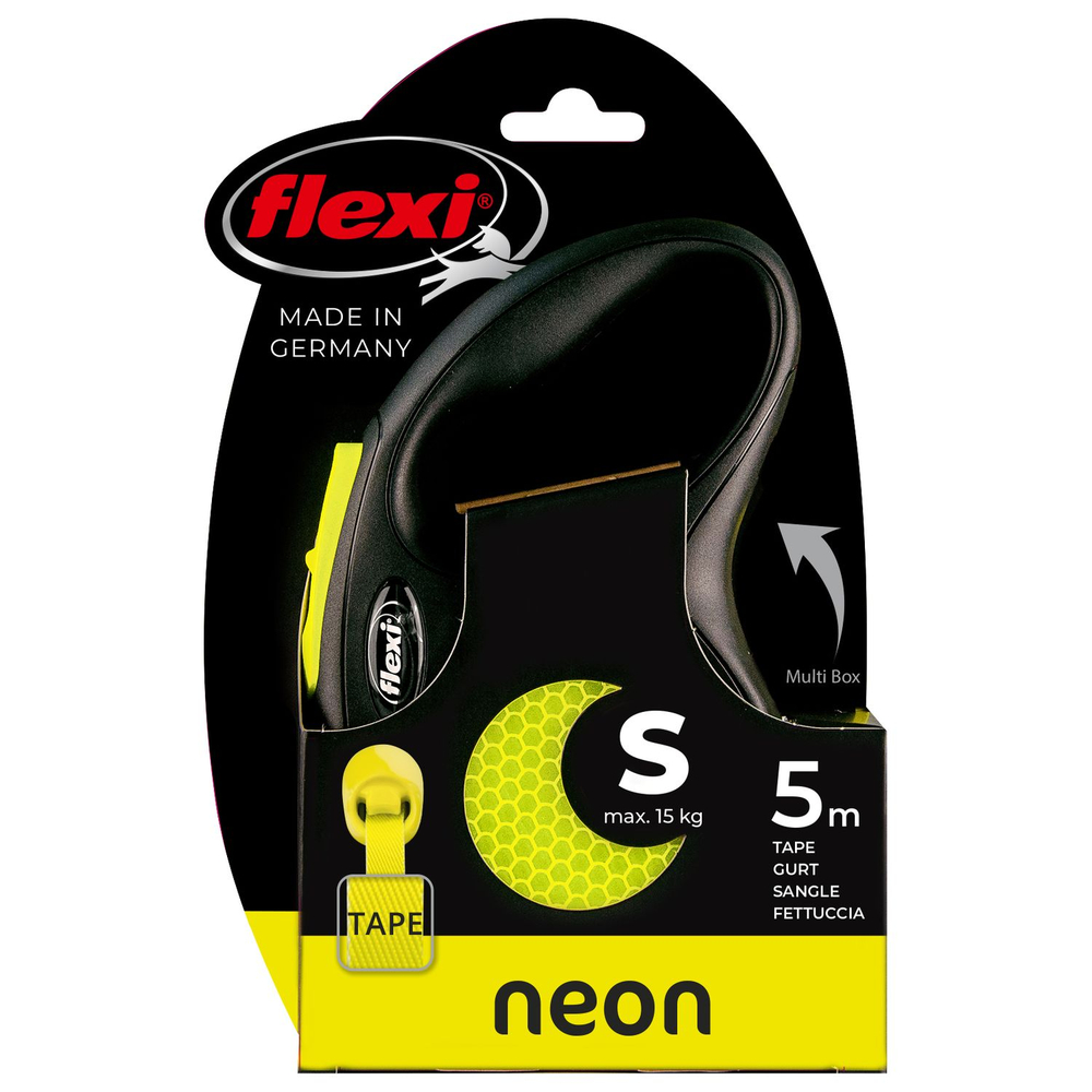 Рулетка для собак FLEXI Neon New S (до 15кг) лента 5м, светоотражающая, желтый неон
