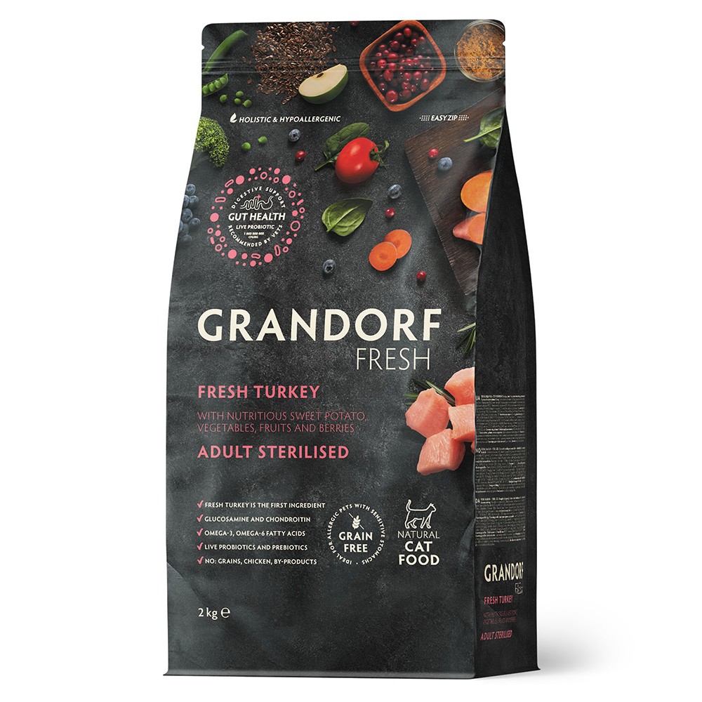 Беззерновой корм с живыми пробиотиками для кошек GRANDORF Fresh Cat Sterilised для стерилиз., свежее мясо индейки с бататом сух.