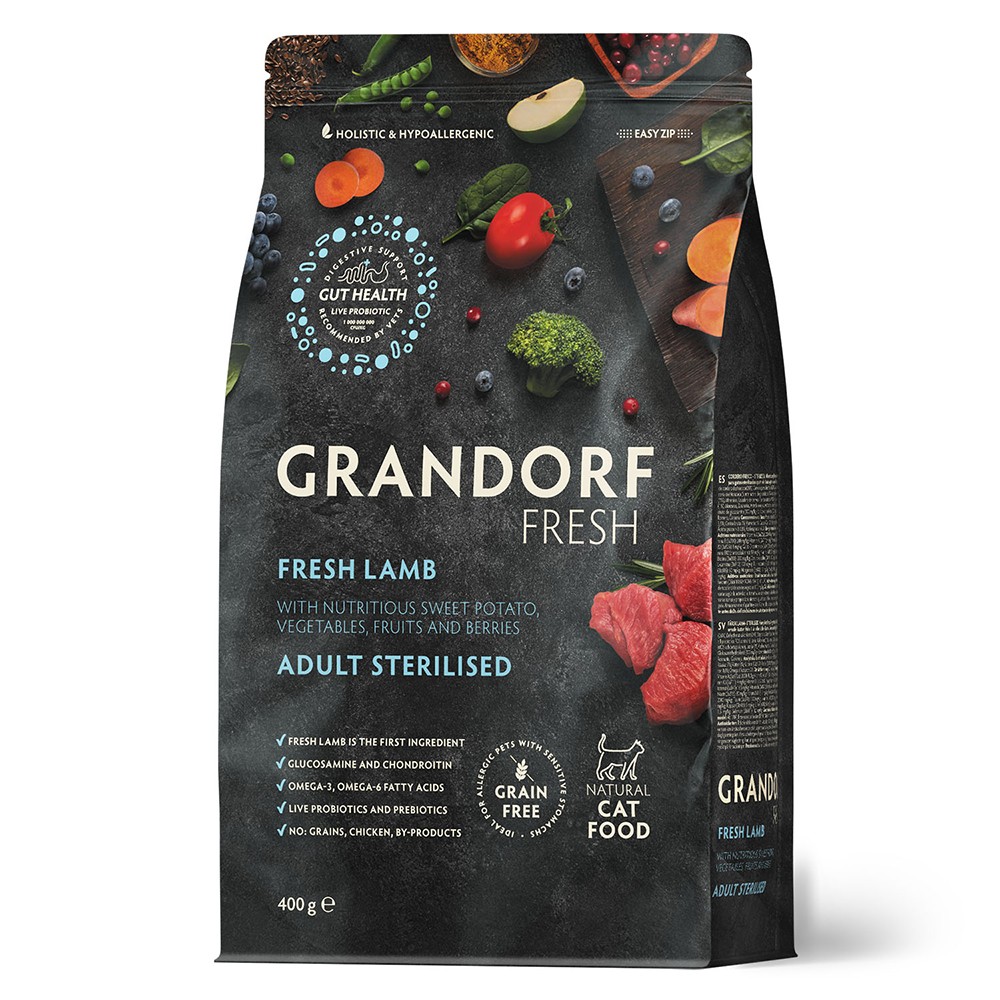 Беззерновой корм с живыми пробиотиками для кошек GRANDORF Fresh Cat Sterilised для стерилиз., свежее мясо ягненка с бататом сух.