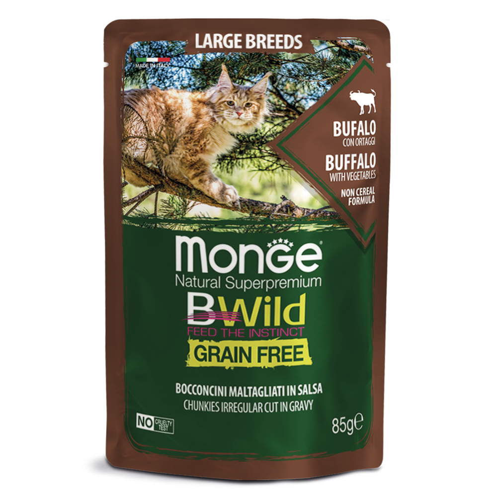 Корм для кошек и котят MONGE BWild Grain Free для крупных пород, мясо буйвола с овощами пауч