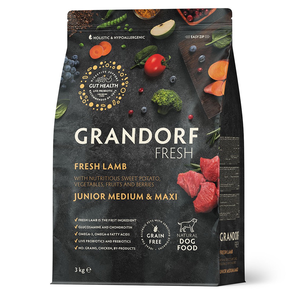 Беззерновой корм с живыми пробиотиками для молодых собак GRANDORF Fresh Dog Свежее мясо ягненка с бататом сух.