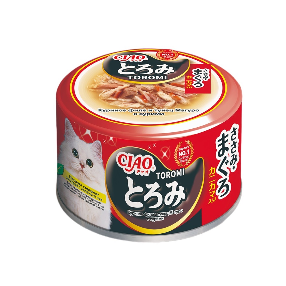 Корм для кошек INABA Ciao Toromi куриное филе с тунцом Магуро и сурими в бульоне банка