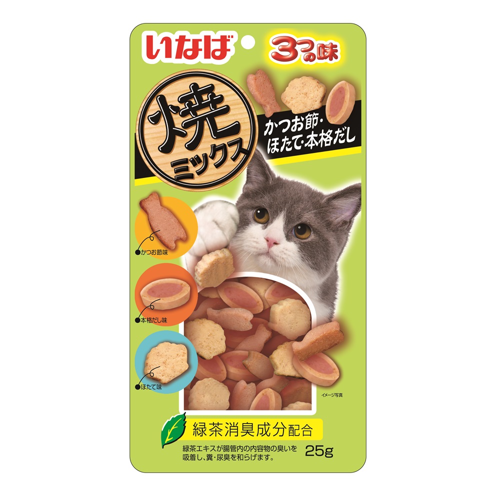 Лакомство для кошек INABA Yakimiksu со вкусом кацуобуси, морского гребешка и бульона, запеченное