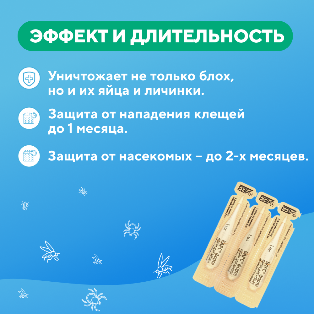 Капли для собак АВЗ БАРС от блох, клещей, вшей и комаров 0,67мл, 4 пипетки