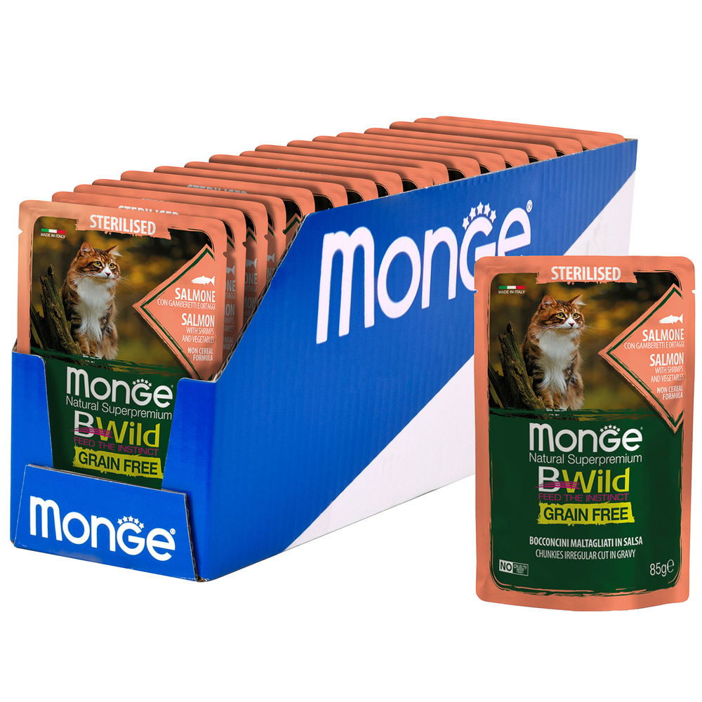 Корм для кошек MONGE BWild Grain Free для стерилизованных, лосось с креветками и овощами пауч