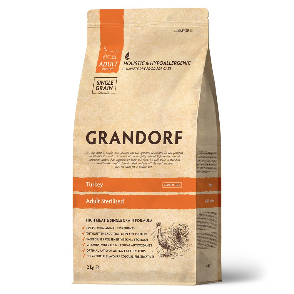 Корм для кошек GRANDORF для стерилизованных, индейка сух.