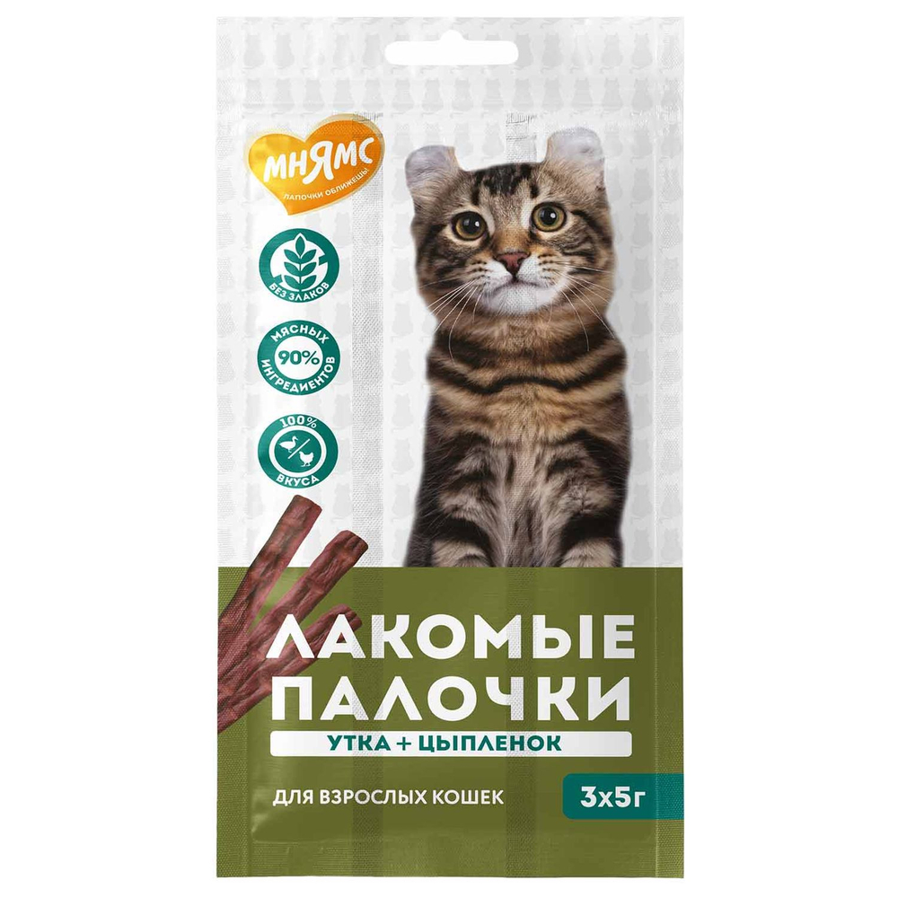 Лакомство для кошек МНЯМС лакомые палочки из цыпленка и утки 3х