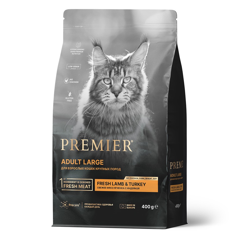 Корм для кошек PREMIER Cat Adult Large для крупных пород, свежее мясо ягненка с индейкой сух.