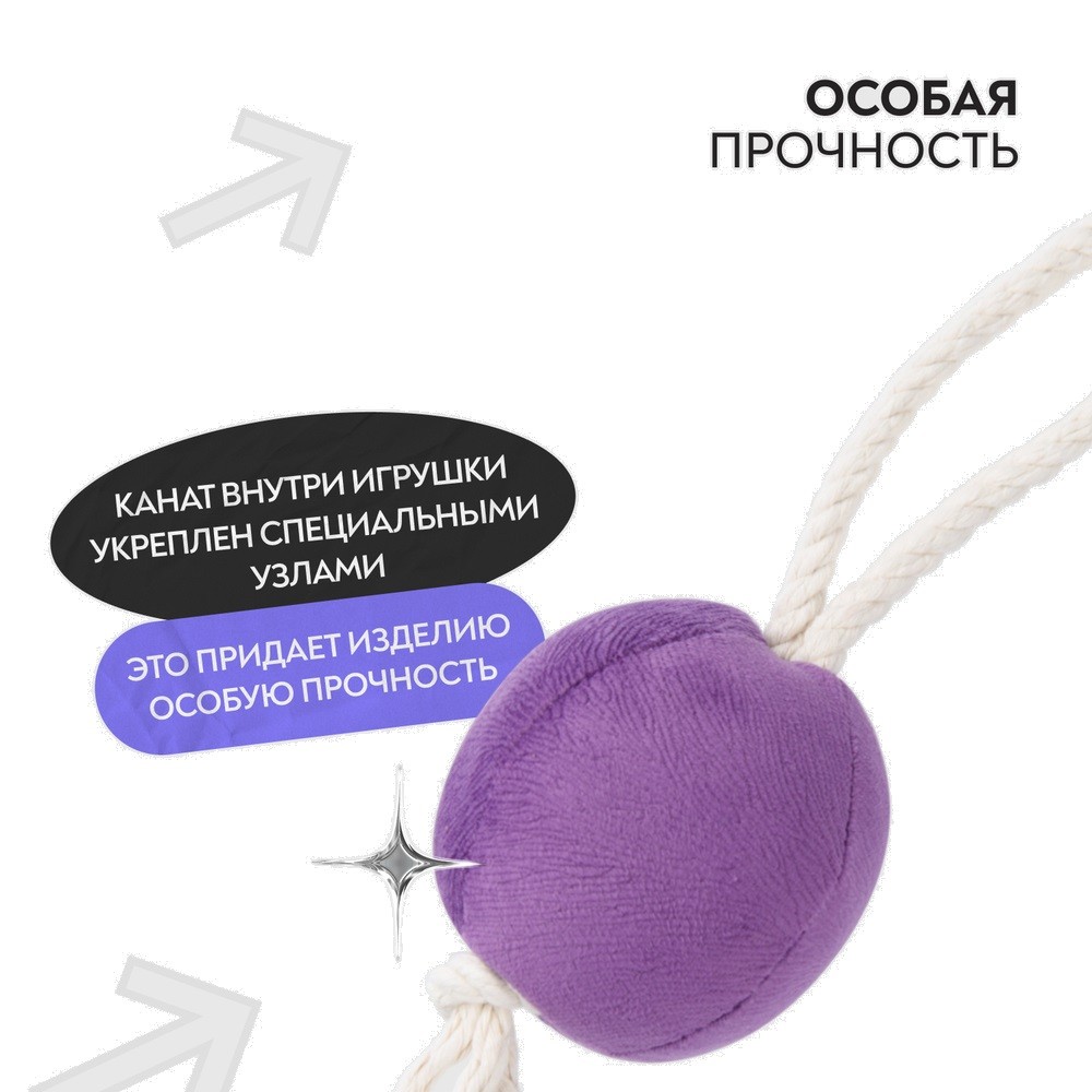 Игрушка MR.KRANCH для собак мелких и средних пород Шарик новогодний с канатом 20х9х9 см, фиолетовый