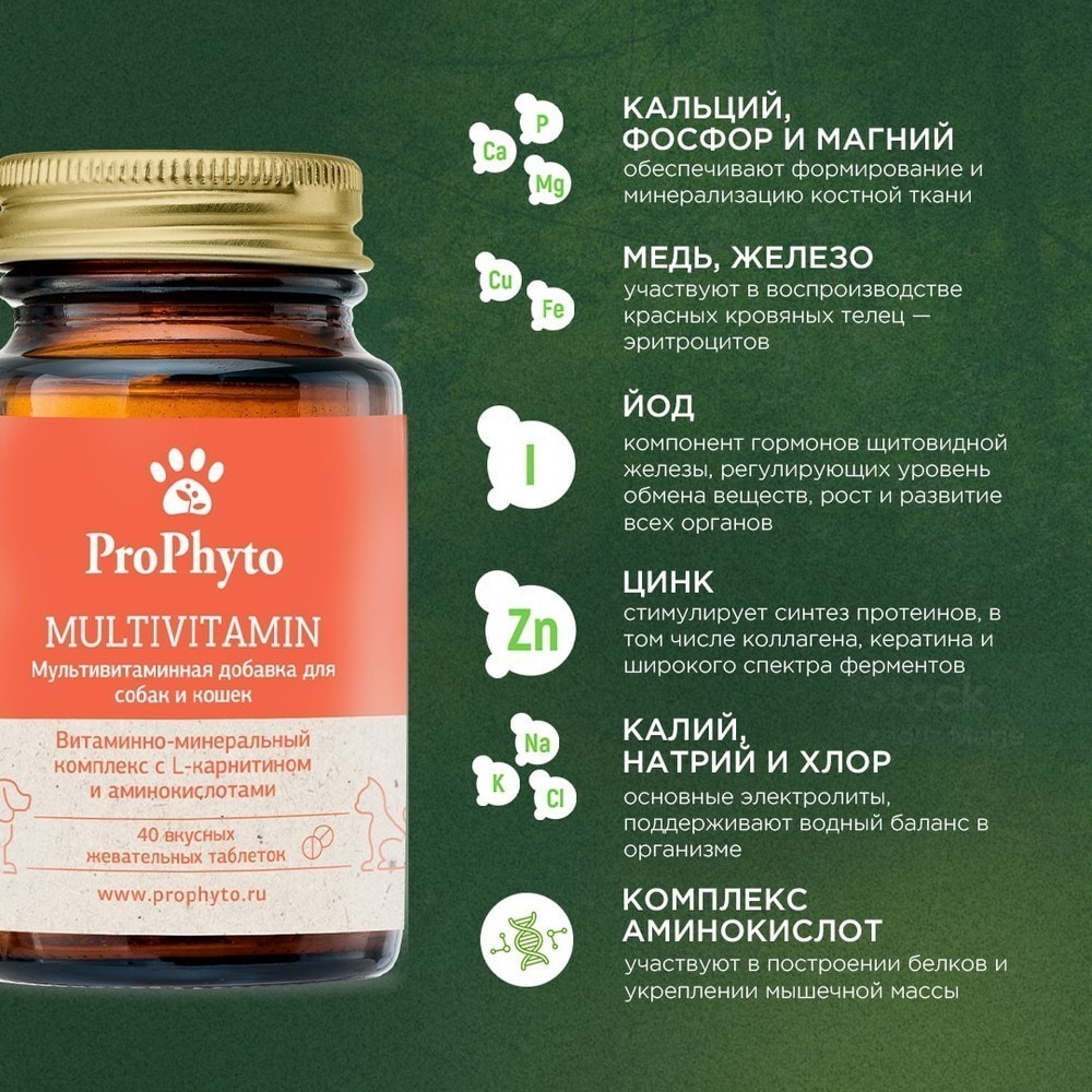 Витамины для кошек и собак PROPHYTO Мультивитамин, 40таб