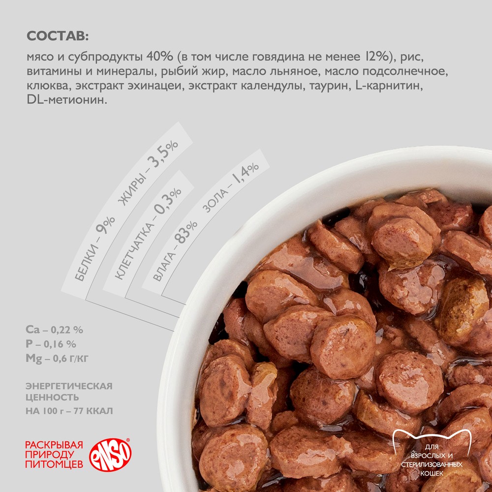 Корм для кошек ENSO кусочки в соусе с говядиной пауч