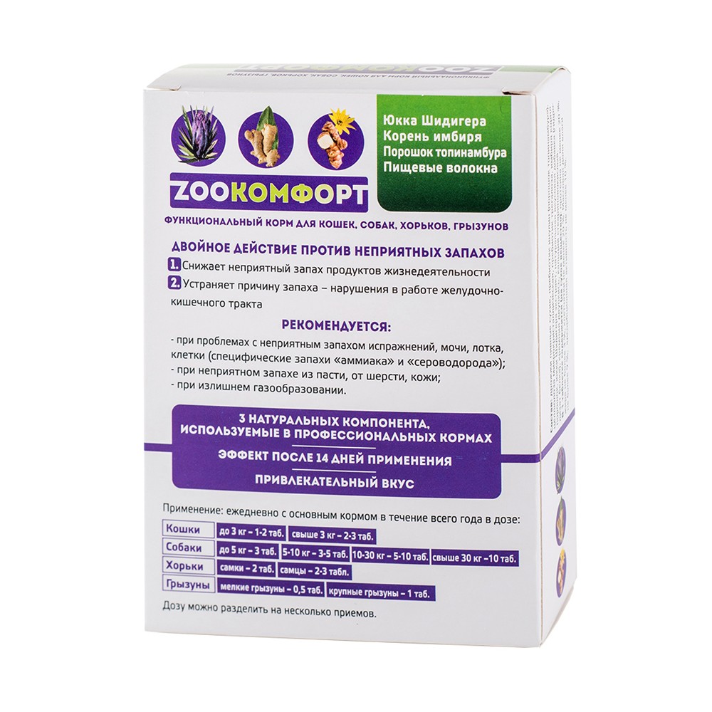 Кормовая добавка для контроля запахов ZOOКОМФОРТ для кошек, собак, хорьков и грызунов, 90 таб.