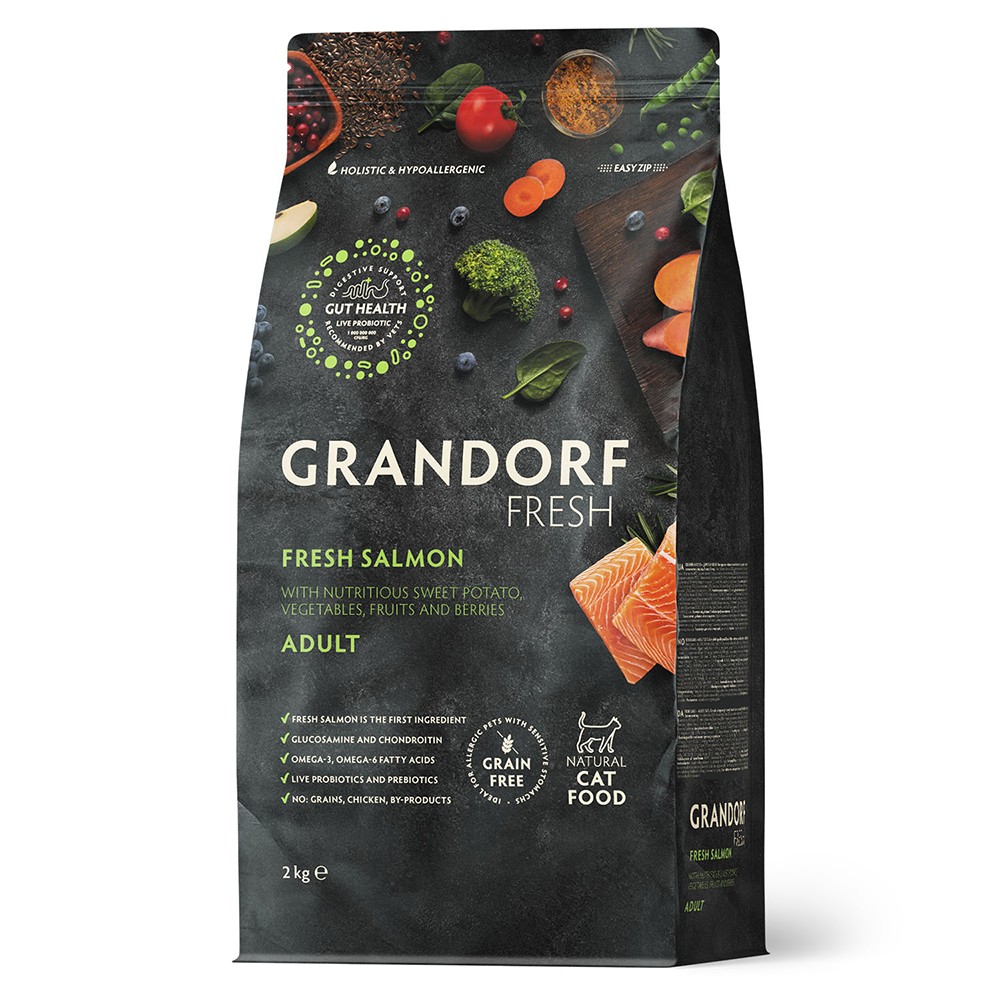 Беззерновой корм с живыми пробиотиками для кошек GRANDORF Fresh Cat Свежее филе лосося с бататом сух.