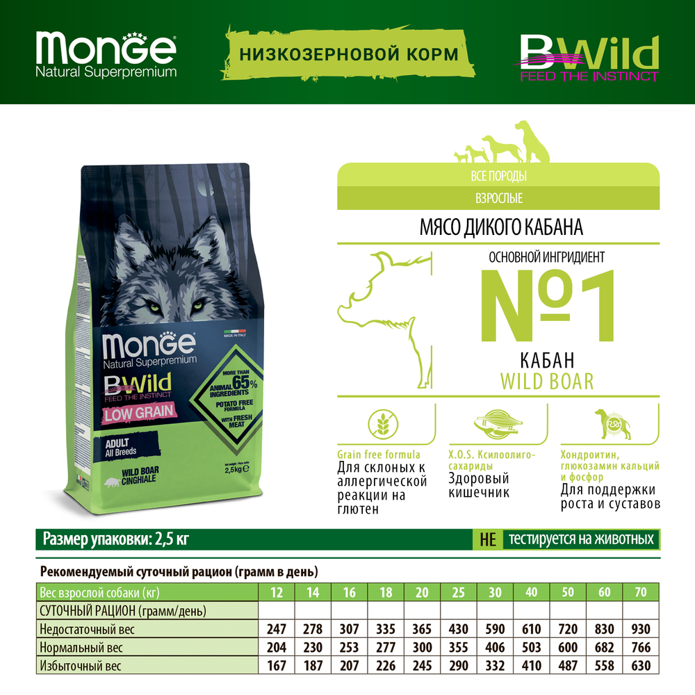 Корм для собак MONGE Dog BWild Low Grain мясо дикого кабана сух.