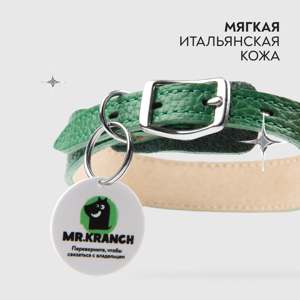 Ошейник для собак MR.KRANCH из натуральной кожи с QR-адресником, зеленый 20-24см