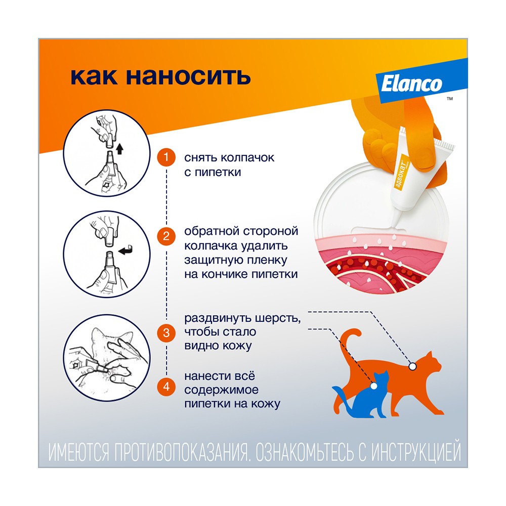 Капли для кошек ELANCO Адвокат от чесоточных клещей, блох и гельминтов (4-8кг веса) 0,8мл,1 пип.в уп.