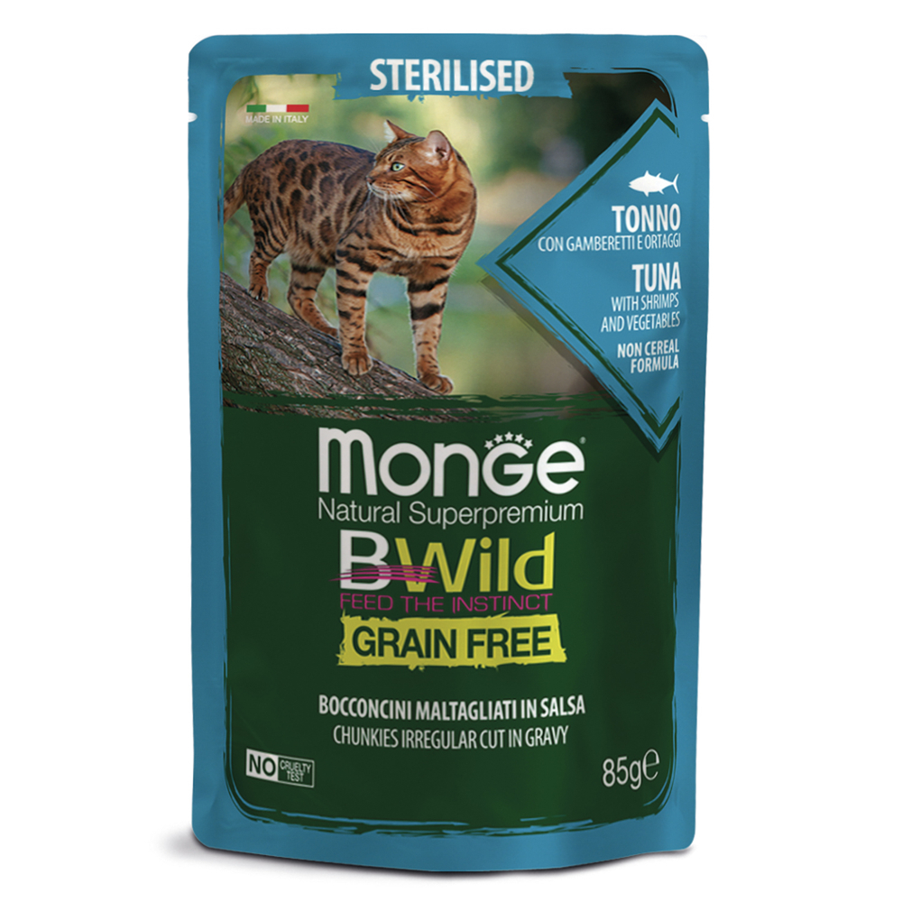 Корм для кошек MONGE BWild Grain Free для стерилизованных, тунец с креветками и овощами пауч