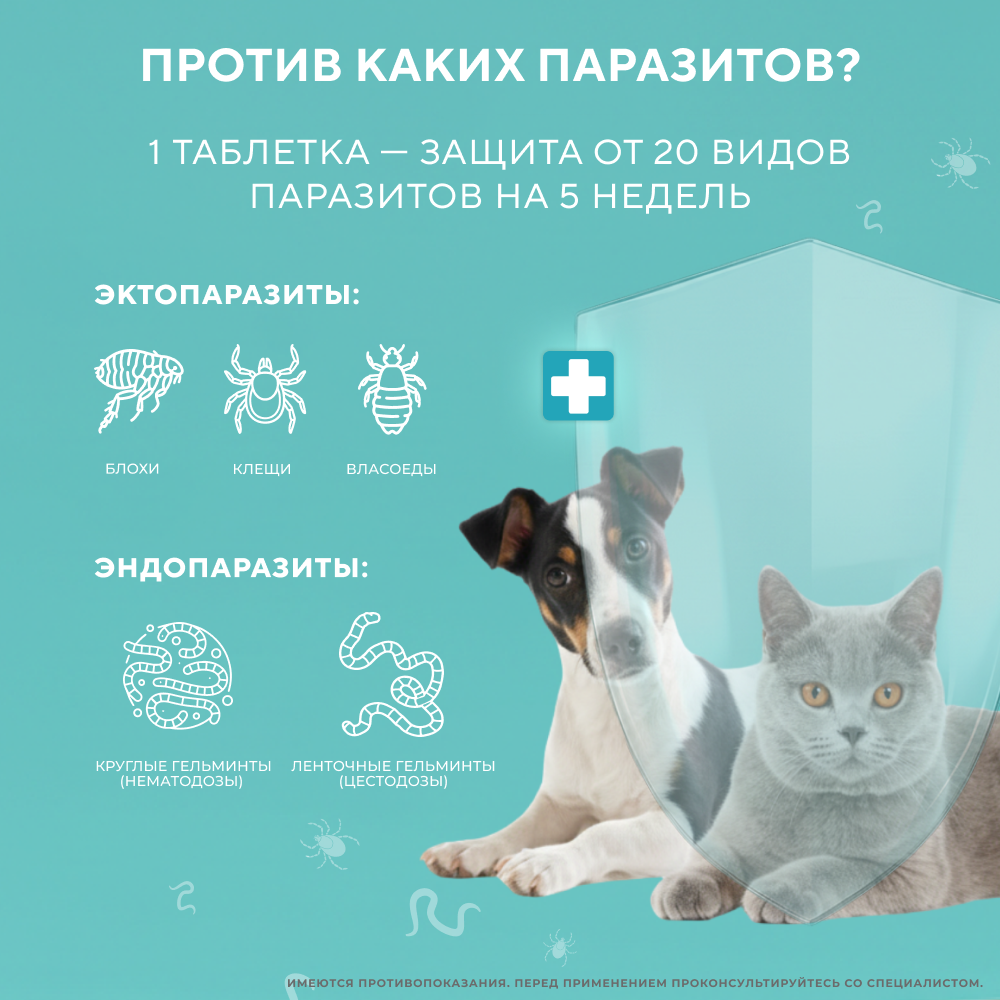 Таблетки от клещей, блох и глистов для кошек и собак INSPECTOR Quadro Tabs 2-8кг
