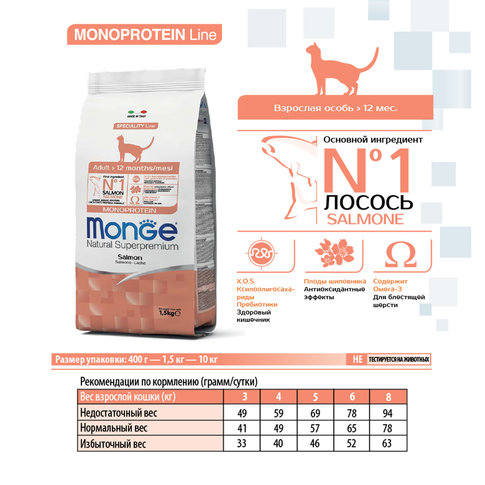 Корм для кошек MONGE Cat Monoprotein Salmon лосось сух.