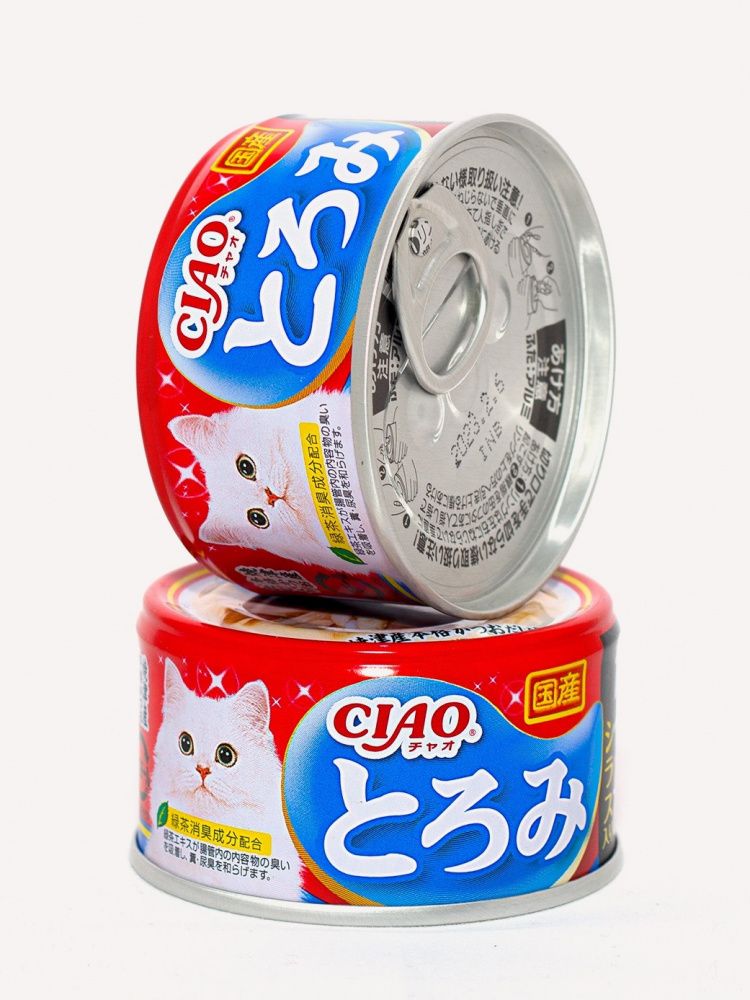 Корм для кошек INABA Ciao Toromi куриное филе с тунцом Кацуо и мальками ширасу в бульоне банка