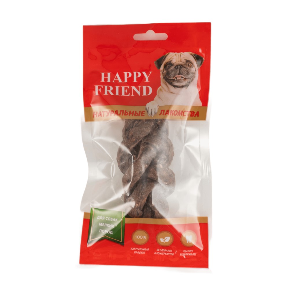 Лакомство для собак HAPPY FRIEND Косичка говяжья одинарная для мелких пород