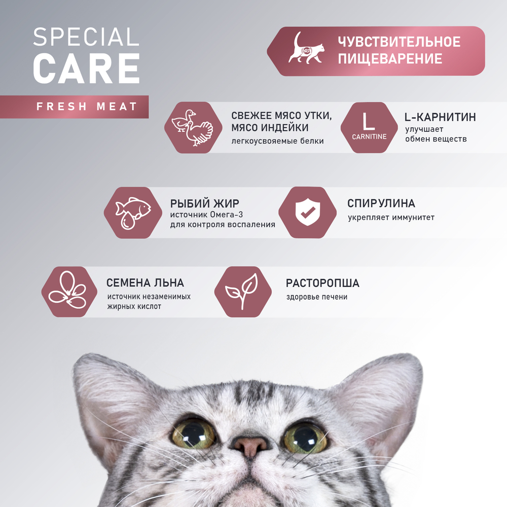 Корм для кошек AWARD Special Care при чувствительном пищеварении, свежее мясо утки сух.