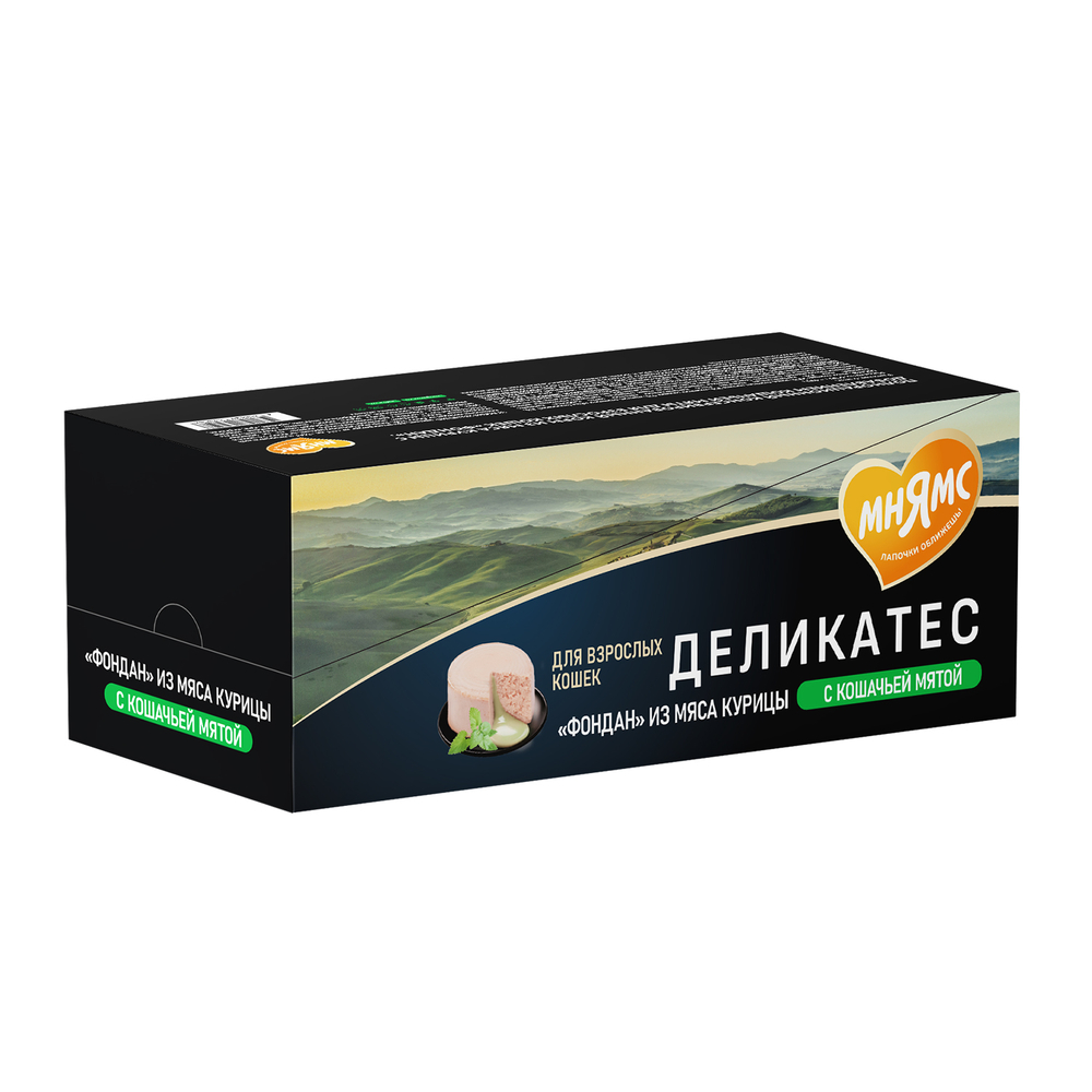Корм для кошек МНЯМС Деликатес Фондан из мяса курицы с кошачьей мятой банка
