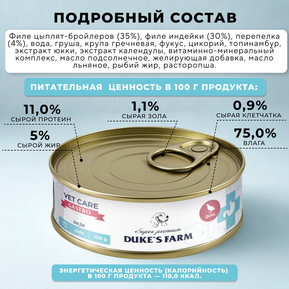 Корм для собак DUKE'S FARM Vet Care Gastrointestinal Low Fat при расстройствах пищеварения, с перепелкой и грушей банка