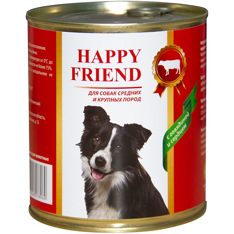 Корм для собак HAPPY FRIEND для средних и крупных пород с говядиной и сердцем банка