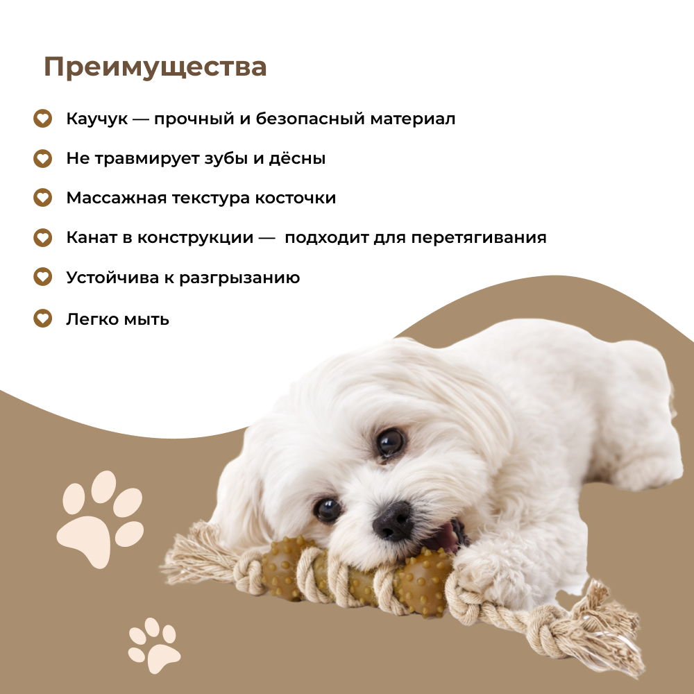 Игрушка для собак FOXIE Naturalness Косточка массажная из каучука с канатом 10х5х4см