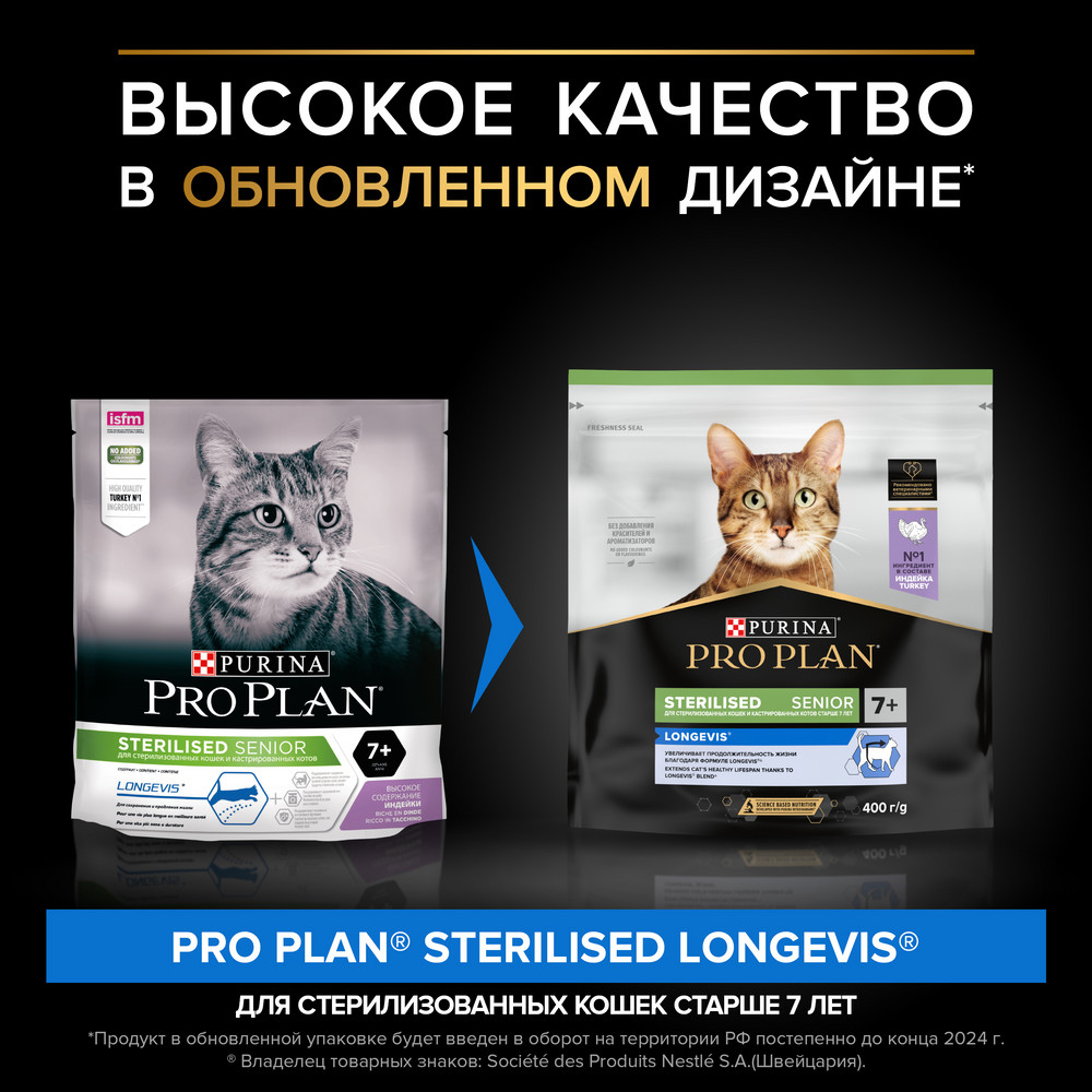 Корм для кошек PRO PLAN Sterilised Longevis для стерилизованных старше 7 лет, с индейкой сух.