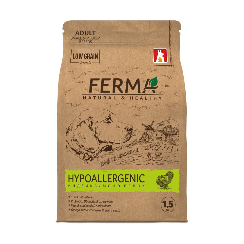 Корм для собак ЗООГУРМАН Ferma Hypoallergenic для мелк.и средн.пород,индейка с моно белком сух.