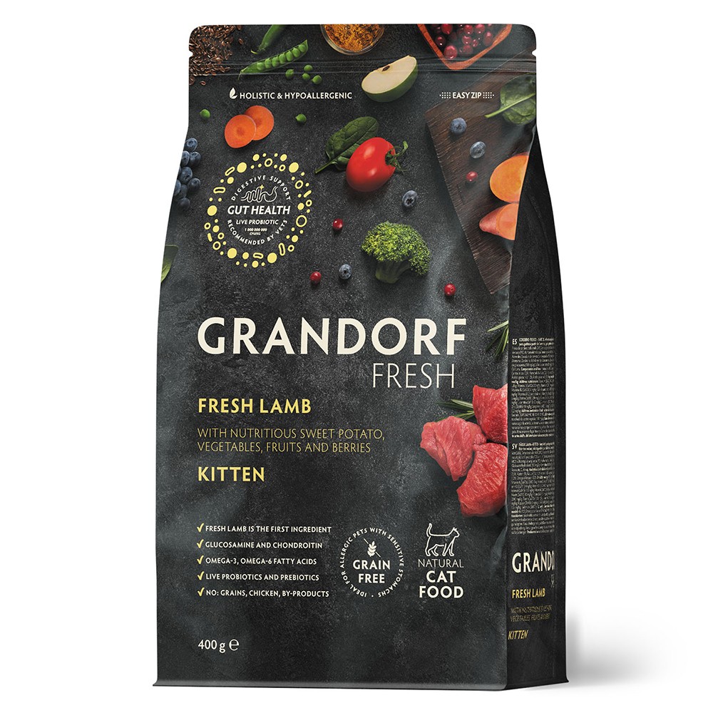 Беззерновой корм с живыми пробиотиками для котят GRANDORF Fresh Cat Свежее мясо ягненка с бататом сух.