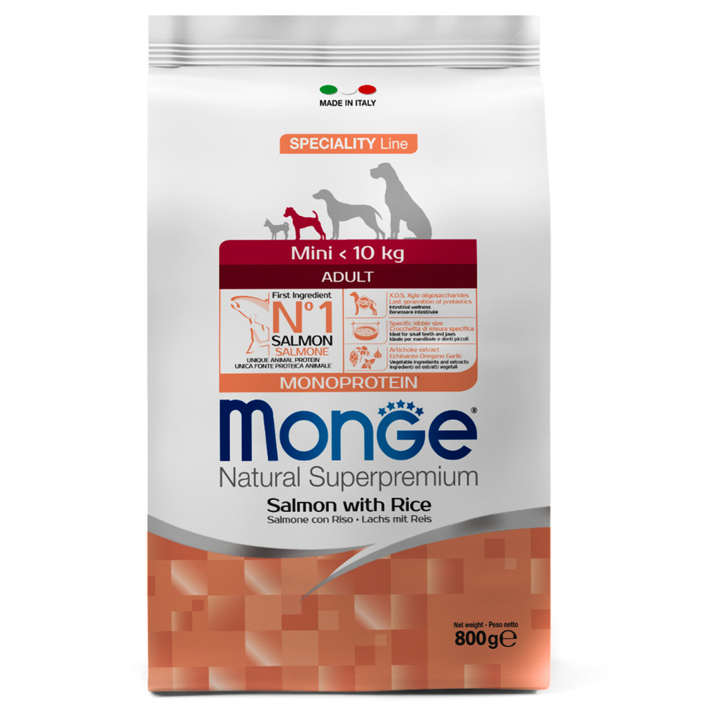 Корм для собак MONGE Dog Speciality Mini для мелких пород лосось с рисом сух.