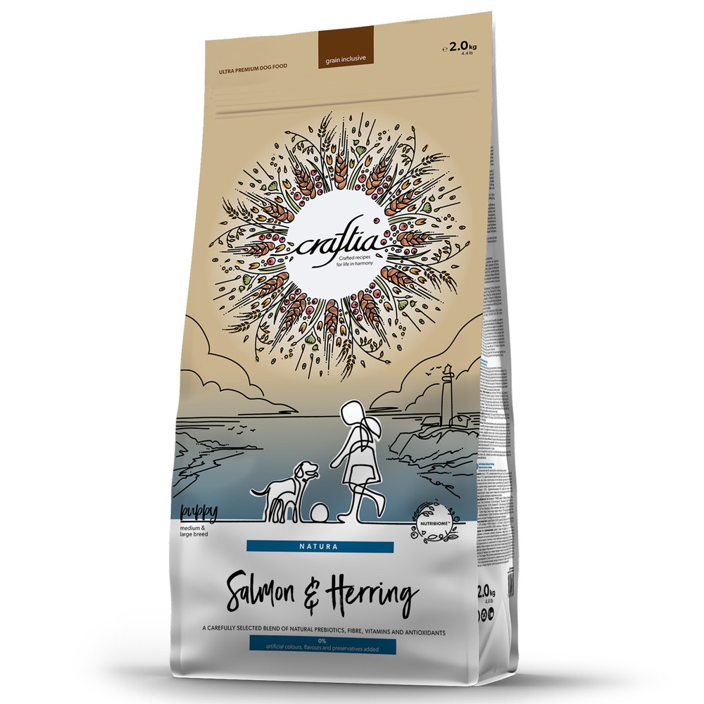 Корм для щенков CRAFTIA Natura для средних и крупных пород, из лосося и сельди сух.