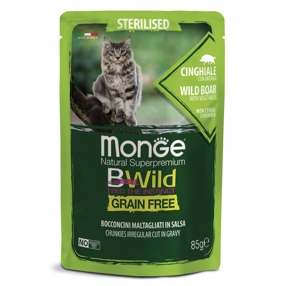 Корм для кошек MONGE BWild Grain Free для стерилизованных, мясо дикого кабана с овощами пауч