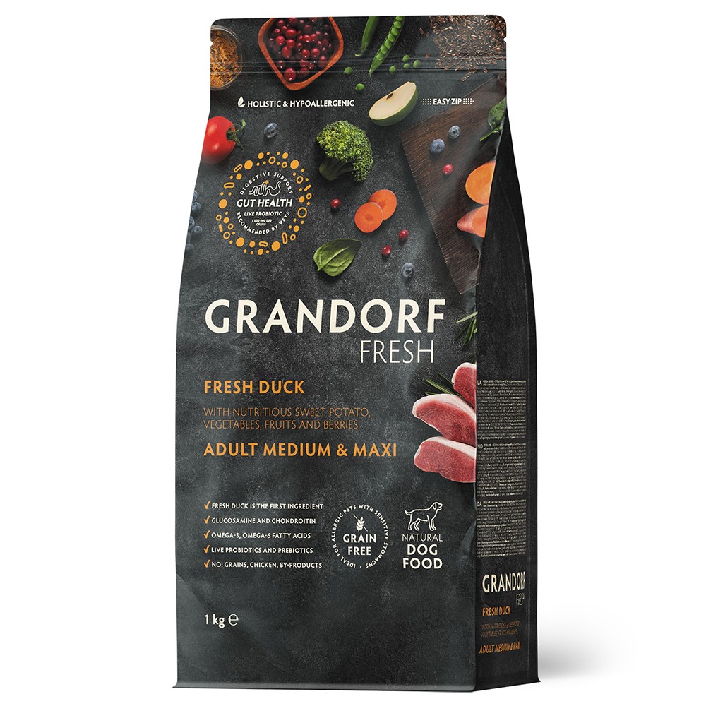 Беззерновой корм с живыми пробиотиками для собак GRANDORF Fresh Dog Med&Maxi для ср.и кр.пород, свежее мясо утки с бататом сух.