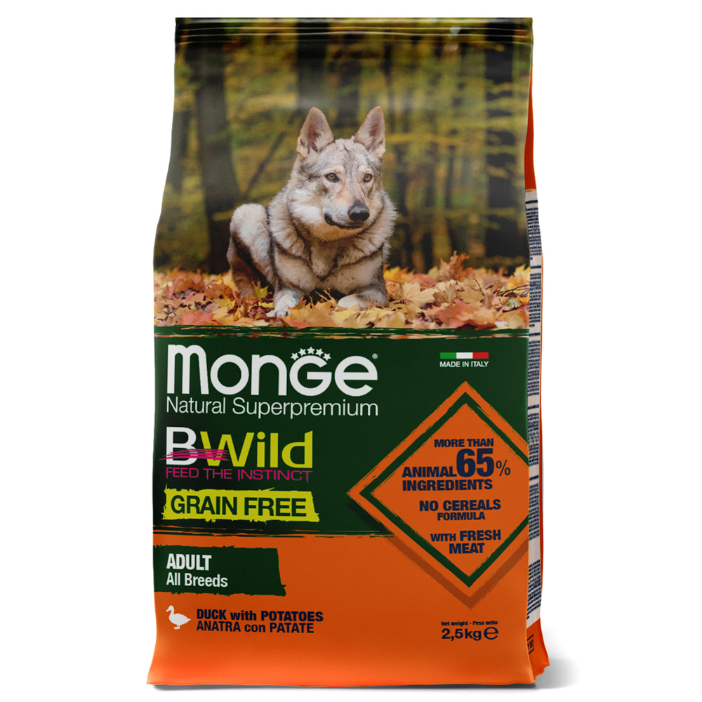 Корм для собак MONGE Dog BWild Grain Free утка с картофелем сух.