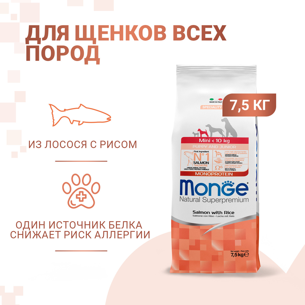 Корм для щенков MONGE Dog Speciality Line Monoprotein для мелких пород, из лосося с рисом сух.