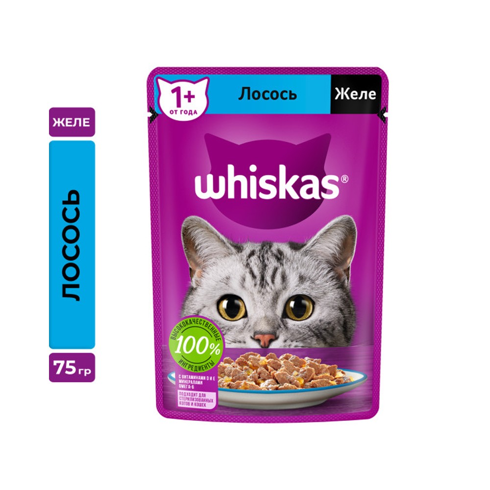 Корм для кошек WHISKAS лосось в желе пауч купить в интернет-магазине  Бетховен