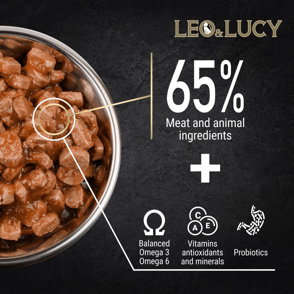 Корм для кошек LEO&LUCY для стерилиз., кусочки в соусе с телятиной, индейкой и биодобавками пауч