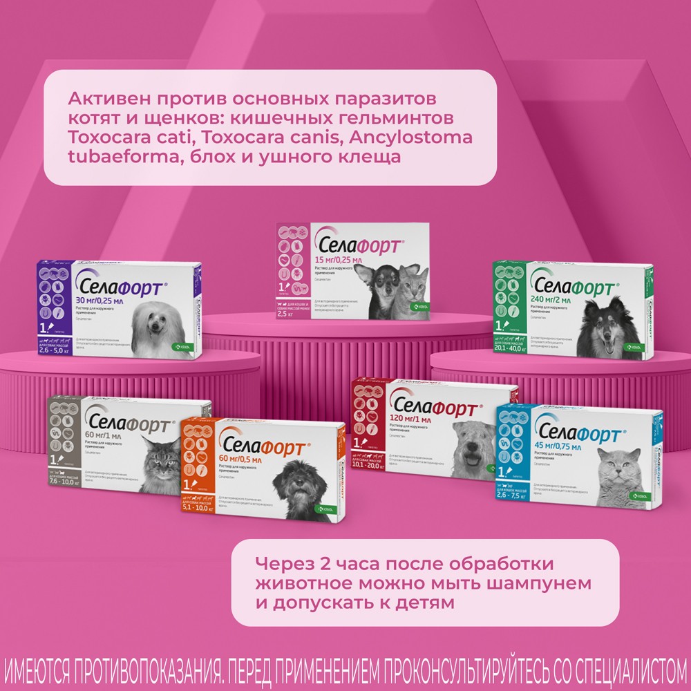 Капли для собак и кошек KRKA Селафорт от ушных и чесоточ.клещей, блох, гельм до 2,5кг (15мг) 1 уп.