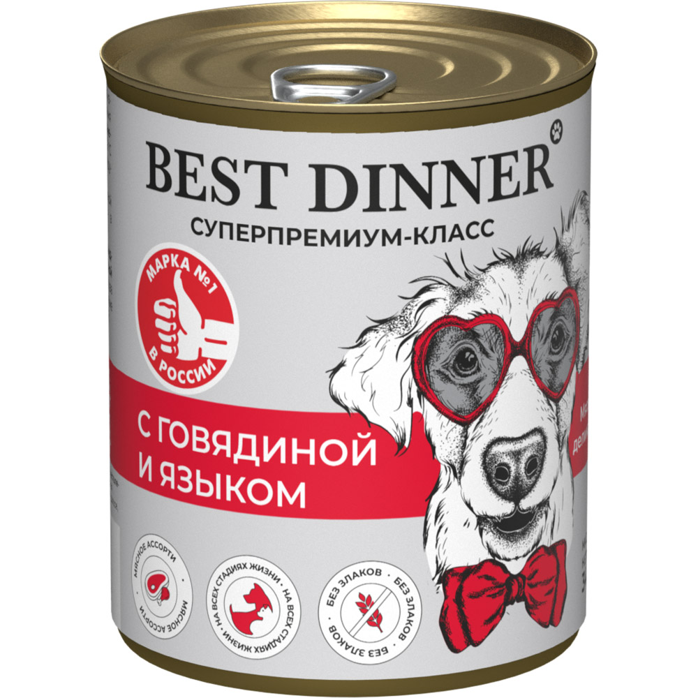 Корм для щенков и собак BEST DINNER Super Premium Мясные деликатесы с 6 мес.,говяд.с язык.банка