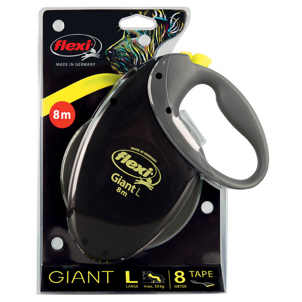 Рулетка для собак FLEXI Giant Neon L (до 50кг) лента 8м, светоотражающая, желтый неон