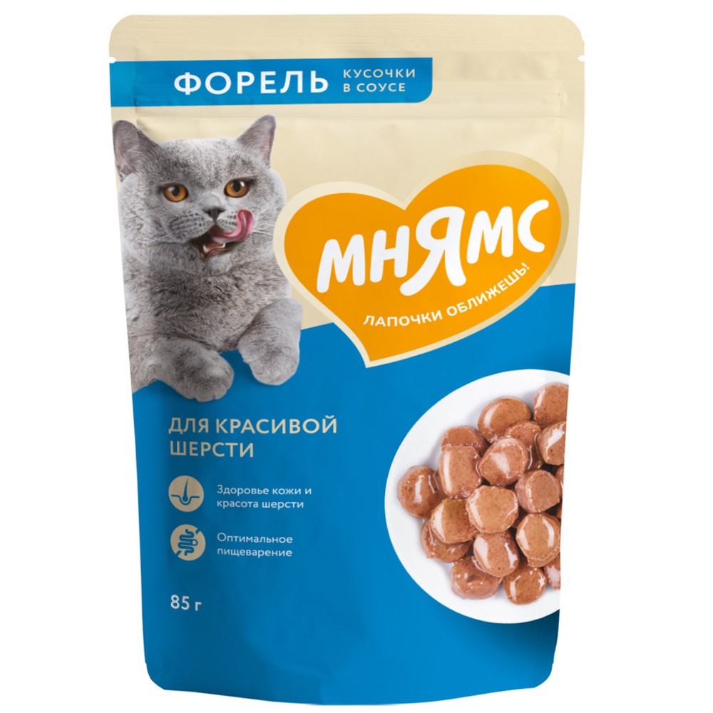 Корм для кошек МНЯМС для красивой шерсти, кусочки в соусе с форелью пауч