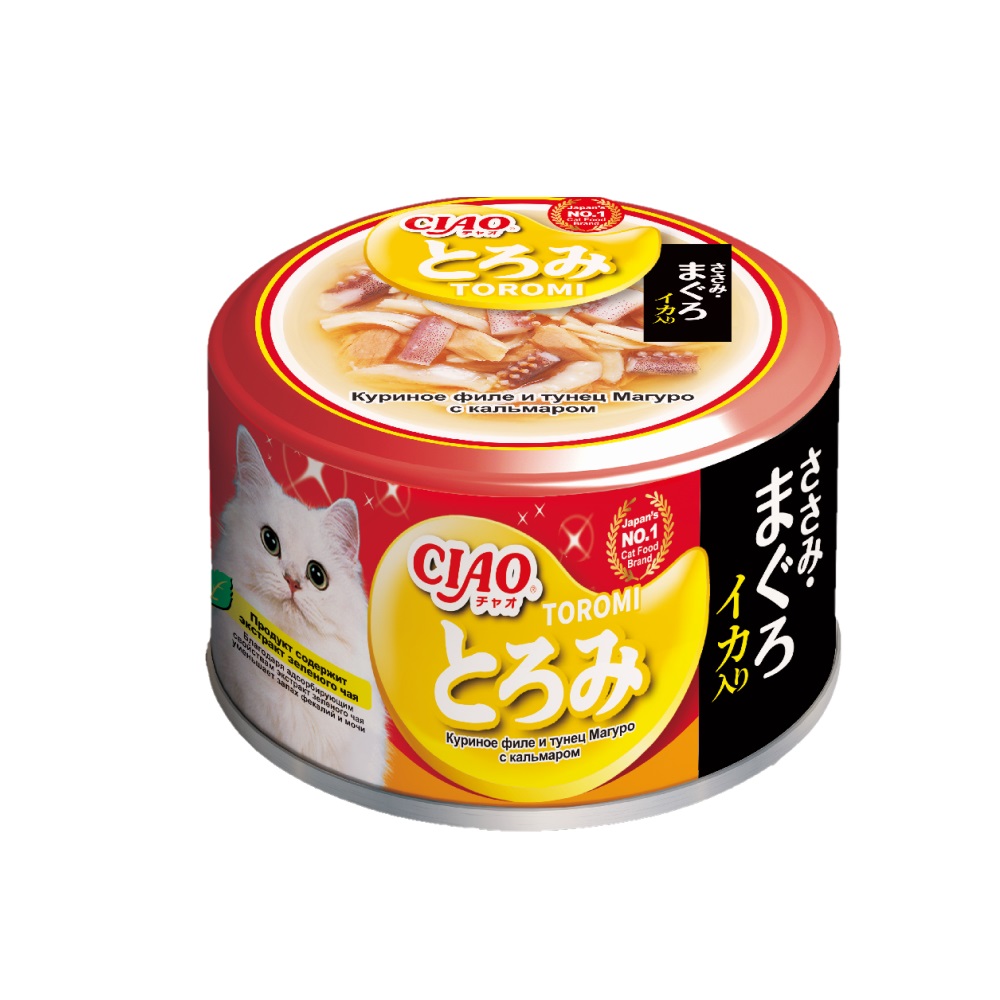 Корм для кошек INABA Ciao Toromi куриное филе с тунцом Магуро и кальмаром в бульоне банка