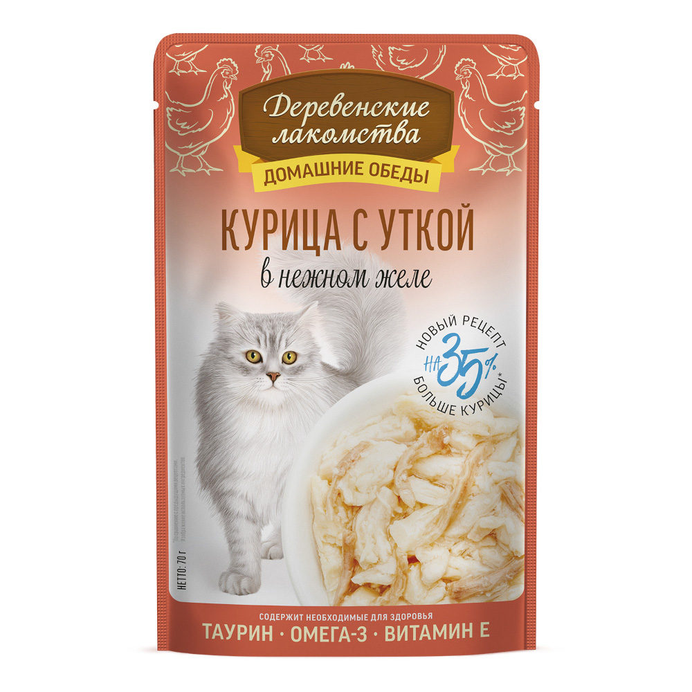 Корм для кошек ДЕРЕВЕНСКИЕ ЛАКОМСТВА Курица с уткой в нежном желе пауч