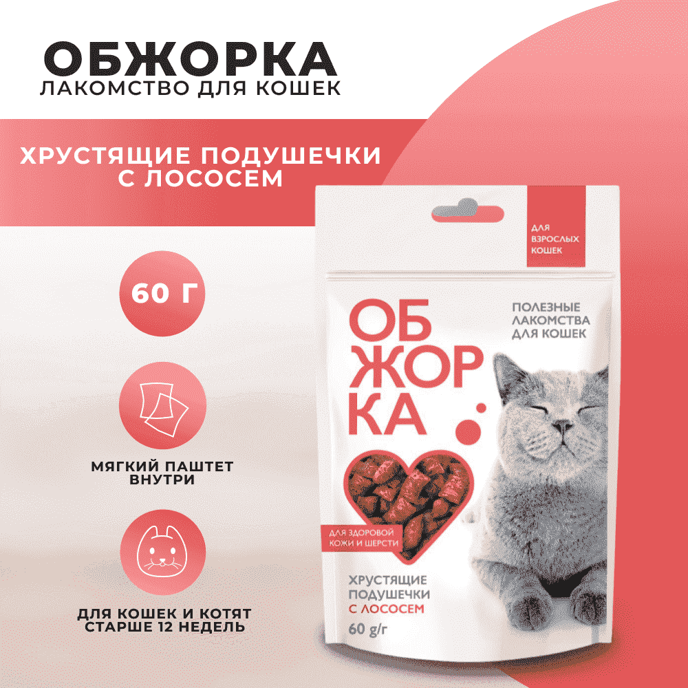 Лакомство для кошек ОБЖОРКА Хрустящие подушечки с лососем для здоровья шерсти