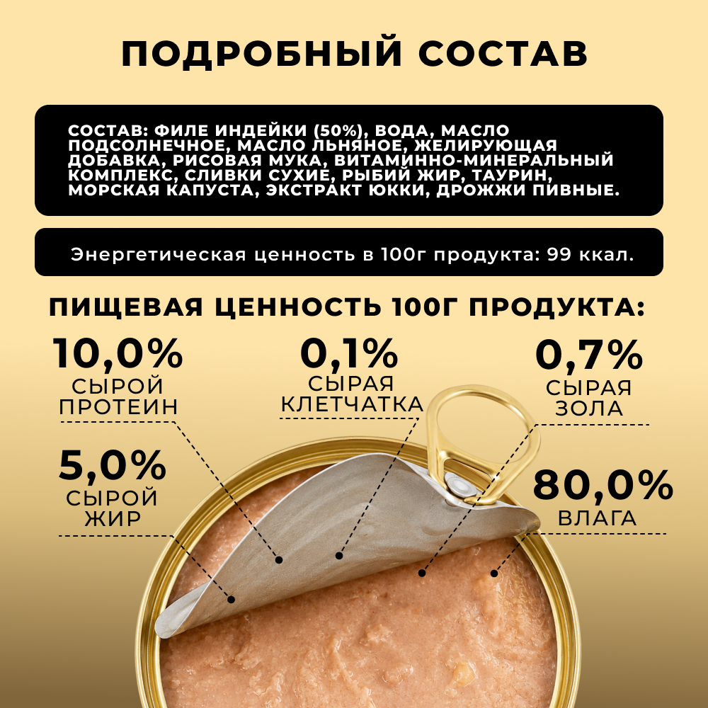 Корм для кошек СЧАСТЛИВЫЙ ГУРМАН Здоровье кожи и шерсти, индейка в соусе, банка