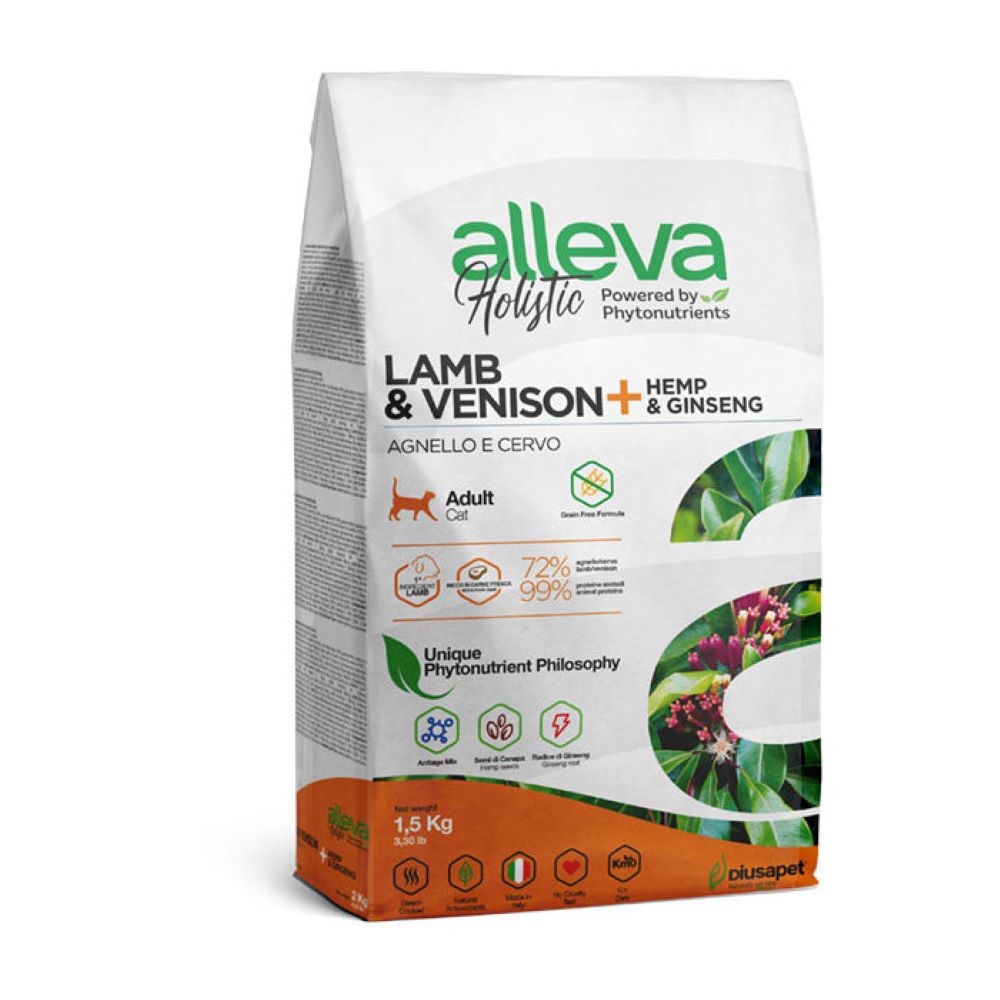 Корм для кошек ALLEVA Holistic ягненок, оленина с коноплей и женьшенем сух.